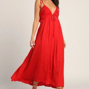 NWT Lulus Confidence Check Red Satin Tie-Back Maxi Dress